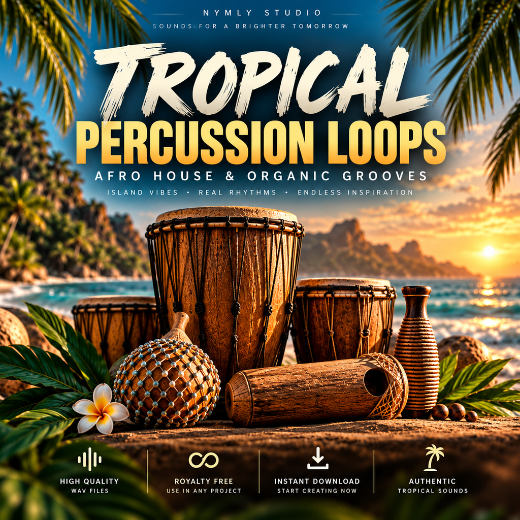 Promotional cover art for a music sample pack titled 'Tropical Percussion Loops' by Nymly Studio. The background shows a tropical beach scene at sunset with palm leaves, while the foreground features a collection of wooden percussion instruments including djembos, a gourd, a log drum, and a clay bottle.