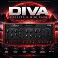 Promotional graphic for the U-HE Diva Presets & MIDI Pack, showing a dark red and black digital audio workstation interface labeled 'Diva Melodic Journey' against a dramatic red sci-fi landscape background with large white and red text.