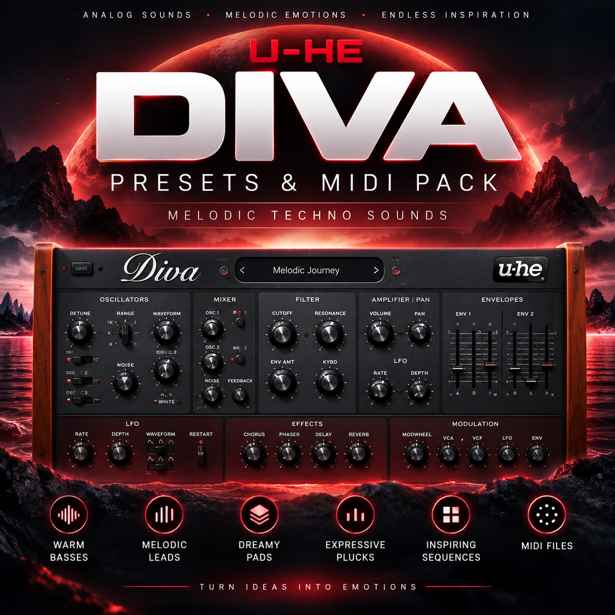Promotional graphic for the U-HE Diva Presets & MIDI Pack, showing a dark red and black digital audio workstation interface labeled 'Diva Melodic Journey' against a dramatic red sci-fi landscape background with large white and red text.