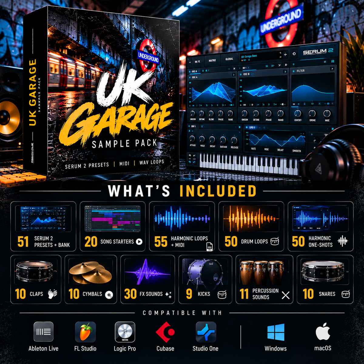 Promotional graphic for a UK Garage Sample Pack audio software bundle, showing the product box, a virtual sampler keyboard interface, headphones, and a 'What's Included' breakdown with compatible software logos.