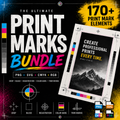 Promotional graphic for a digital print marks bundle, showing large text reading 'THE ULTIMATE PRINT MARKS BUNDLE' with color bars, a sample printed card mockup, and badges indicating PNG, SVG, CMYK, and RGB formats.