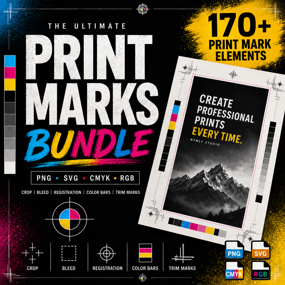 Promotional graphic for a digital print marks bundle, showing large text reading 'THE ULTIMATE PRINT MARKS BUNDLE' with color bars, a sample printed card mockup, and badges indicating PNG, SVG, CMYK, and RGB formats.