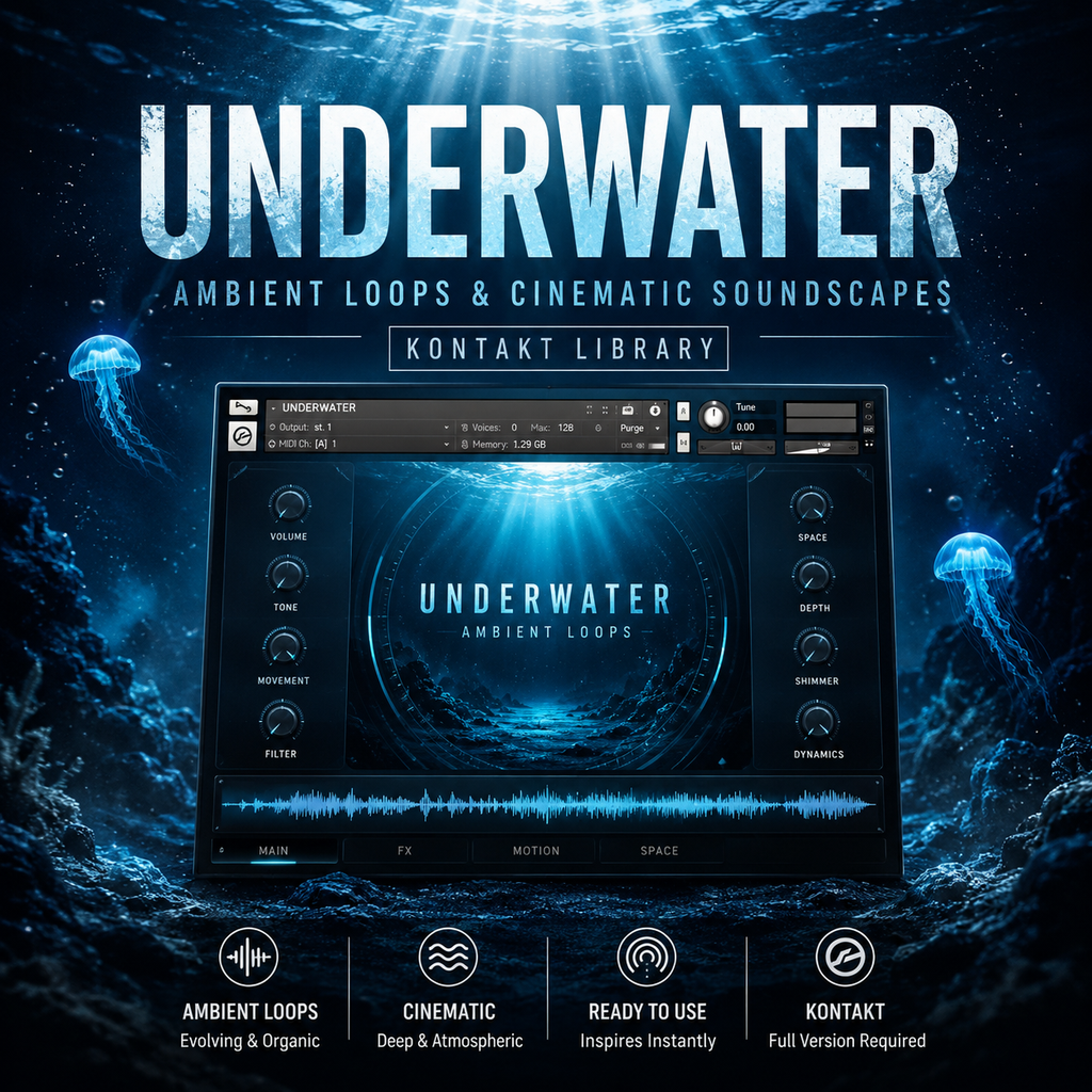 Promotional graphic for the 'Underwater' ambient loops and cinematic soundscapes library for Kontakt, featuring a dark blue underwater scene with jellyfish, sun rays, and a software interface preview in the center.