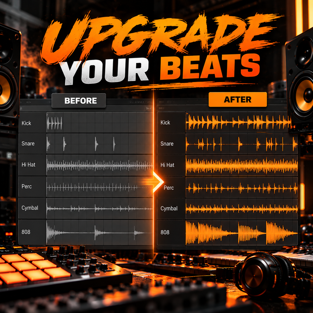 Promotional graphic for an audio software feature showing waveform comparisons labeled BEFORE and AFTER, with large text reading 'UPGRADE YOUR BEATS' over a dark studio setup with speakers and a mixing board.