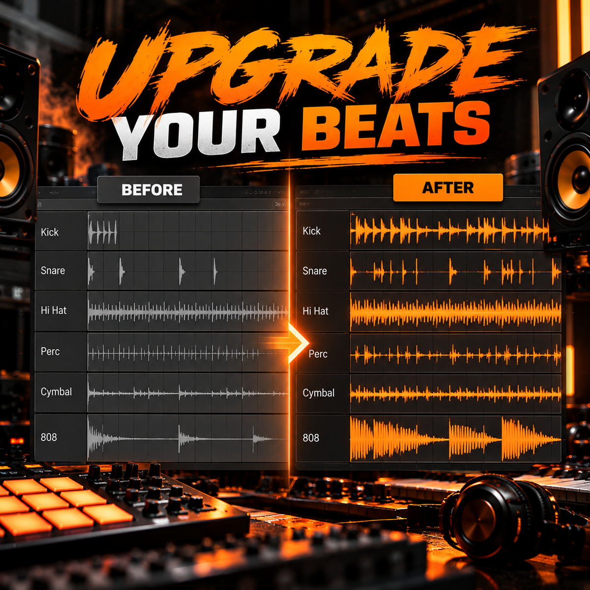 Promotional graphic for an audio software feature showing waveform comparisons labeled BEFORE and AFTER, with large text reading 'UPGRADE YOUR BEATS' over a dark studio setup with speakers and a mixing board.