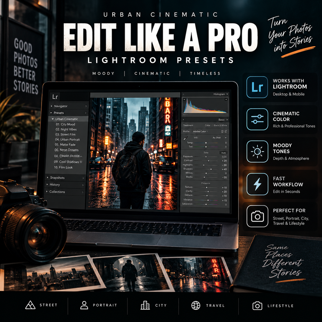 Promotional graphic for Urban Cinematic Lightroom presets, showing a laptop with a city street photo edited in moody tones, a camera, photo prints, and text highlighting features like cinematic color, mood, and timelapse capabilities.