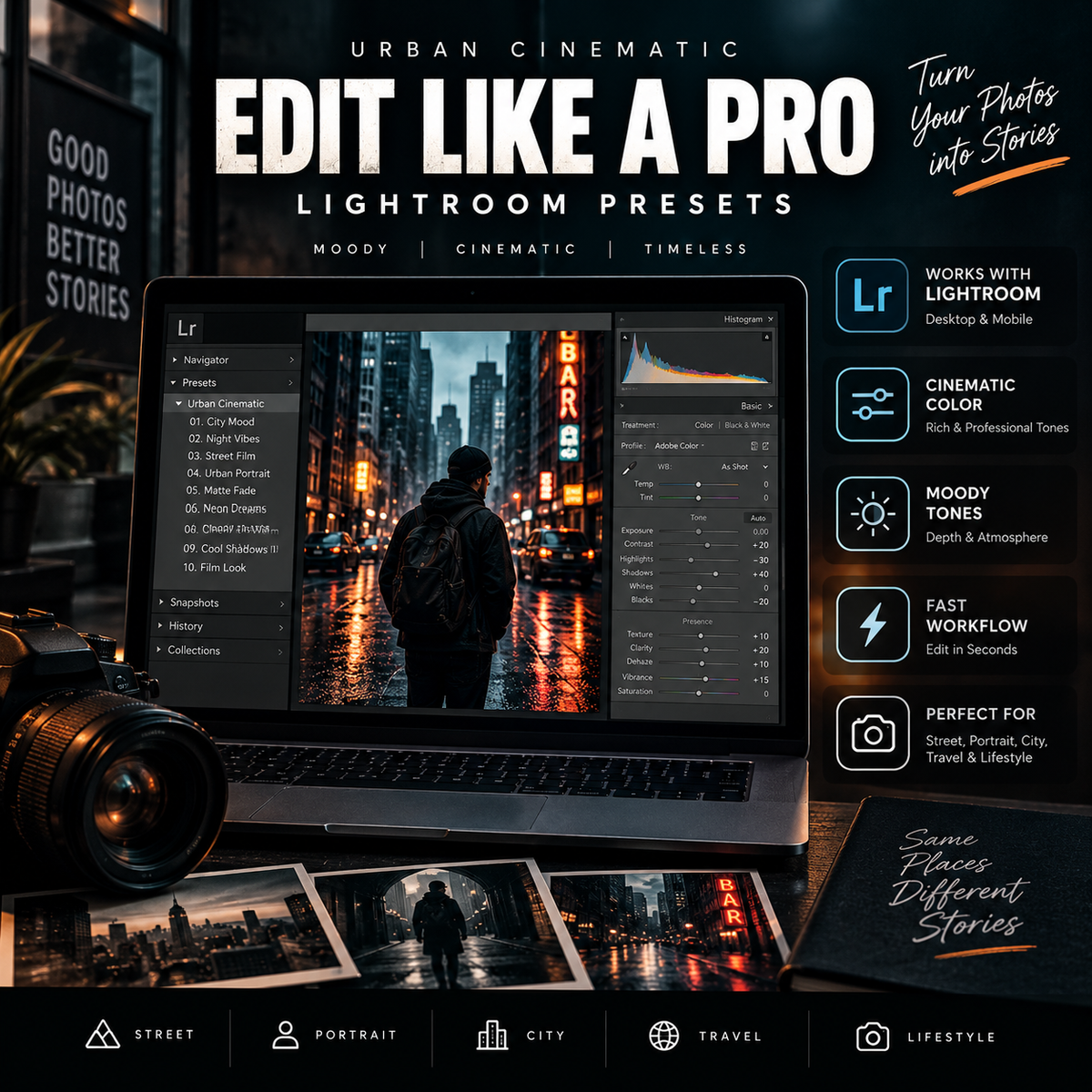 Promotional graphic for Urban Cinematic Lightroom presets, showing a laptop with a city street photo edited in moody tones, a camera, photo prints, and text highlighting features like cinematic color, mood, and timelapse capabilities.