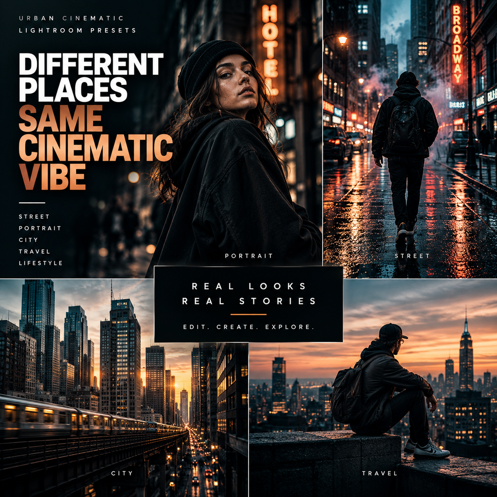 A promotional collage for cinematic photo editing presets, showing four urban lifestyle cityscapes and a central black panel with text reading 'Different Places Same Cinematic Vibe' and 'Real Looks Real Stories.' The design includes a woman in a black beanie in a neon-lit city, a person walking on a wet street at night, a train passing through a city tunnel, and a seated person overlooking a skyline at sunset.
