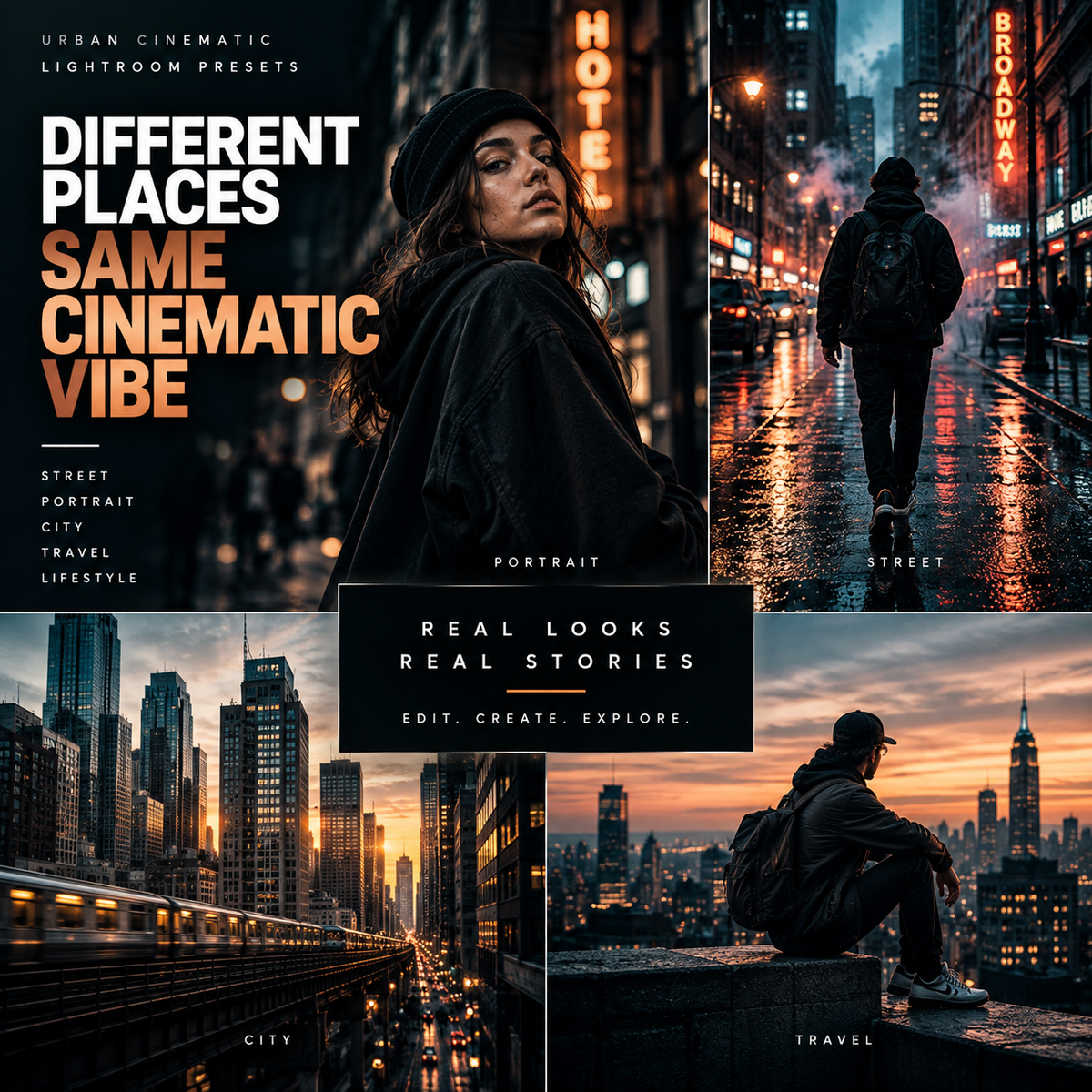 A promotional collage for cinematic photo editing presets, showing four urban lifestyle cityscapes and a central black panel with text reading 'Different Places Same Cinematic Vibe' and 'Real Looks Real Stories.' The design includes a woman in a black beanie in a neon-lit city, a person walking on a wet street at night, a train passing through a city tunnel, and a seated person overlooking a skyline at sunset.