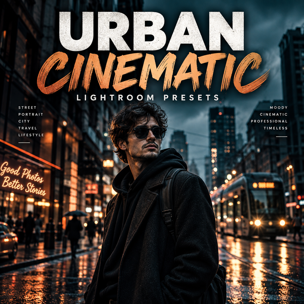Promotional cover art for 'Urban Cinematic Lightroom Presets' featuring a man in sunglasses and a dark coat standing on a wet city street at night, with large title text across the top and smaller descriptive text on the sides.
