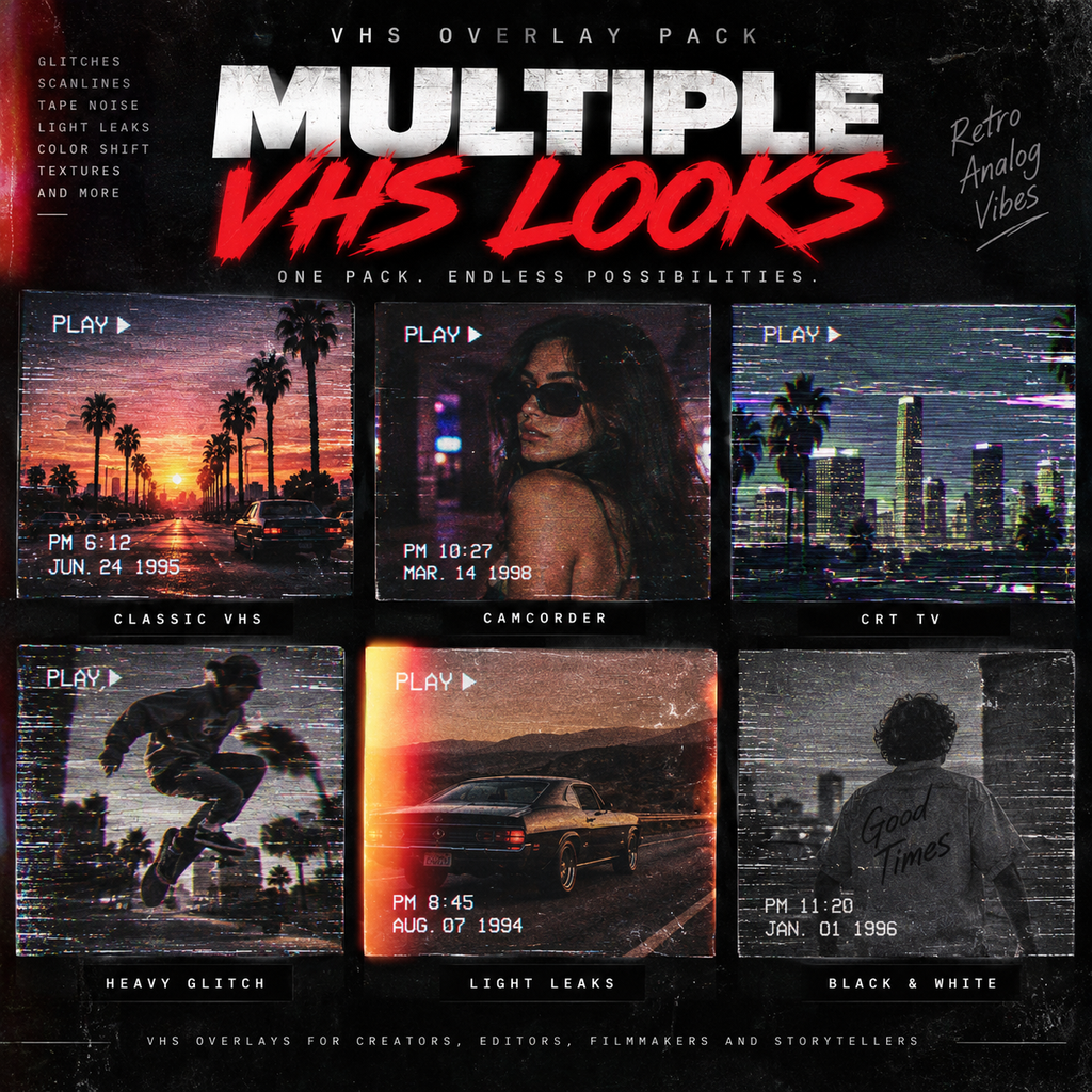 Promotional graphic for a VHS-style digital overlay pack titled 'Multiple VHS Looks,' showing six retro-film-effect preview panels with text labels for glitch, light leaks, color shift, and black and white effects.