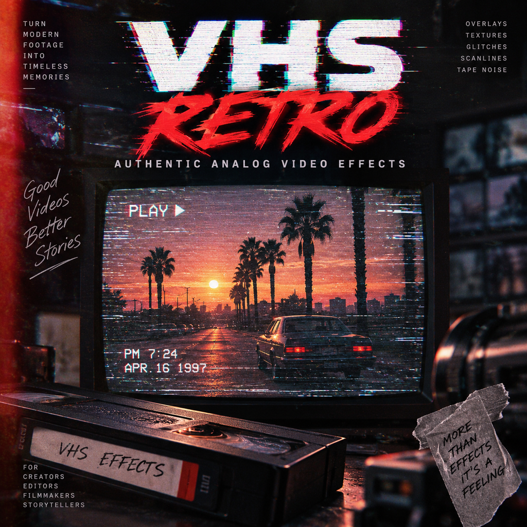 VHS Effects digital audio and video overlays pack cover art featuring a retro VHS tape, a vintage television showing a sunset scene with palm trees and a car, and bold text reading 'VHS RETRO'.
