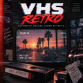 VHS Effects digital audio and video overlays pack cover art featuring a retro VHS tape, a vintage television showing a sunset scene with palm trees and a car, and bold text reading 'VHS RETRO'.