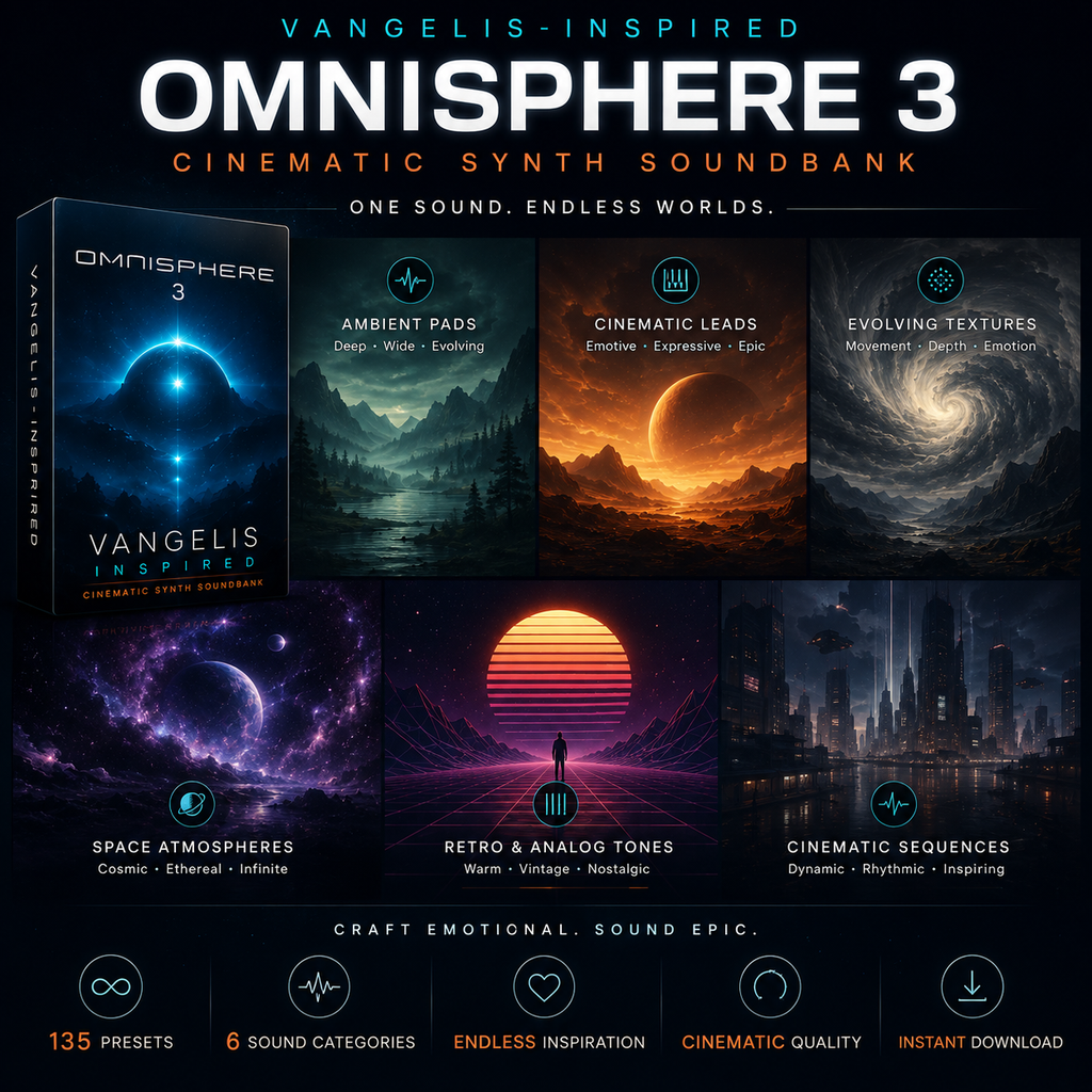 Promotional graphic for Omnisphere 3, a cinematic synth soundbank. The design features a dark theme with a main product box on the left and six colorful preview tiles for different sound categories: Ambient Pads, Cinematic Leads, Evolving Textures, Space Atmospheres, Retro & Analog Tones, and Cinematic Sequences.