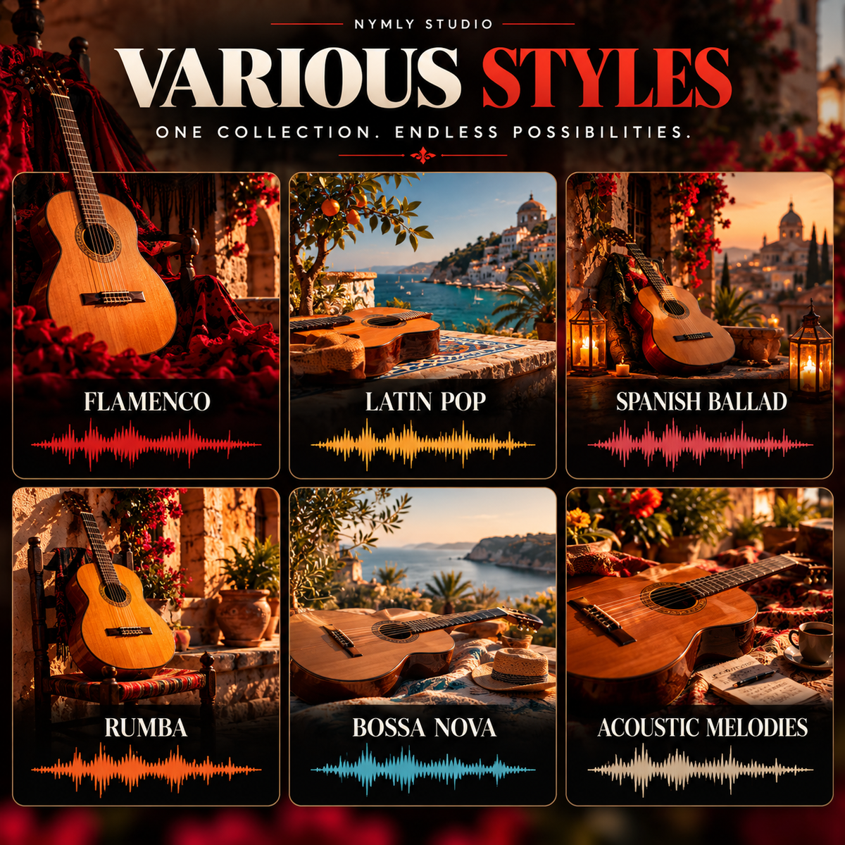 A promotional collage for a music sample pack titled 'VARIOUS STYLES' by Nymly Studio, showing six square panels with acoustic guitars and scenic backgrounds labeled Flamenco, Latin Pop, Spanish Ballad, Rumba, Bossa Nova, and Acoustic Melodies, each with a colored audio waveform.