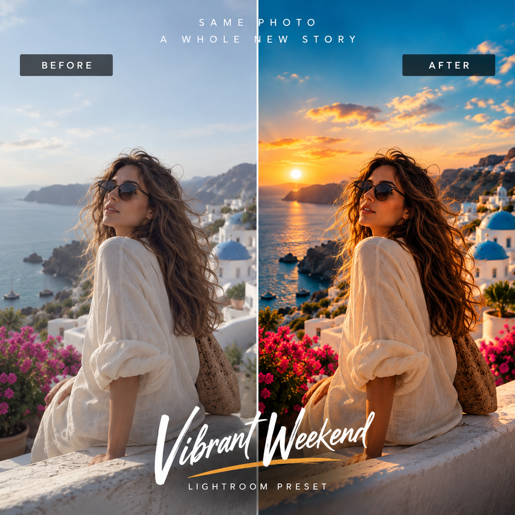 A split-screen comparison showing a woman outdoors by the sea with a coastal village in the background, labeled 'Before' on the left and 'After' on the right. The 'After' side appears brighter and warmer, with a sunset sky, blue domes, and vivid flowers.