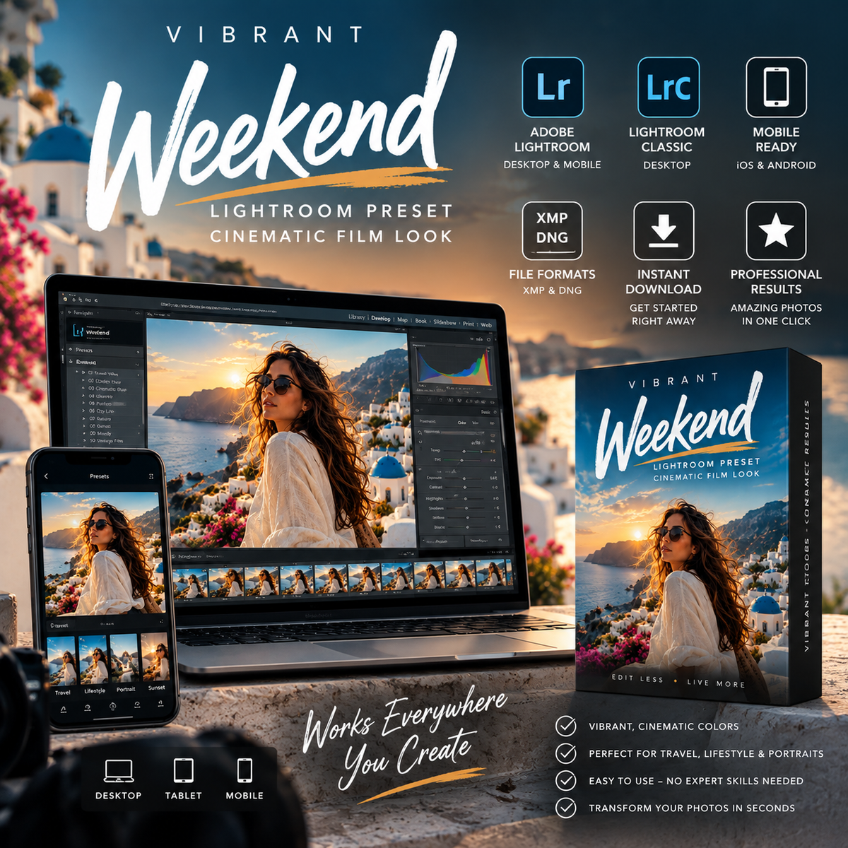 Promotional graphic for a digital Lightroom preset pack titled 'Vibrant Weekend'. The image shows a laptop, tablet, and smartphone displaying the preset interface with a scenic sunset photo, alongside a boxed product cover and marketing text.