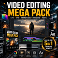 Promotional graphic for a 'VIDEO EDITING MEGA PACK' digital asset bundle, featuring a 3D software box mockup, a desktop monitor displaying a video timeline and scenic preview, and floating feature callouts for LUTs, VFX, transitions, overlays, and fonts.