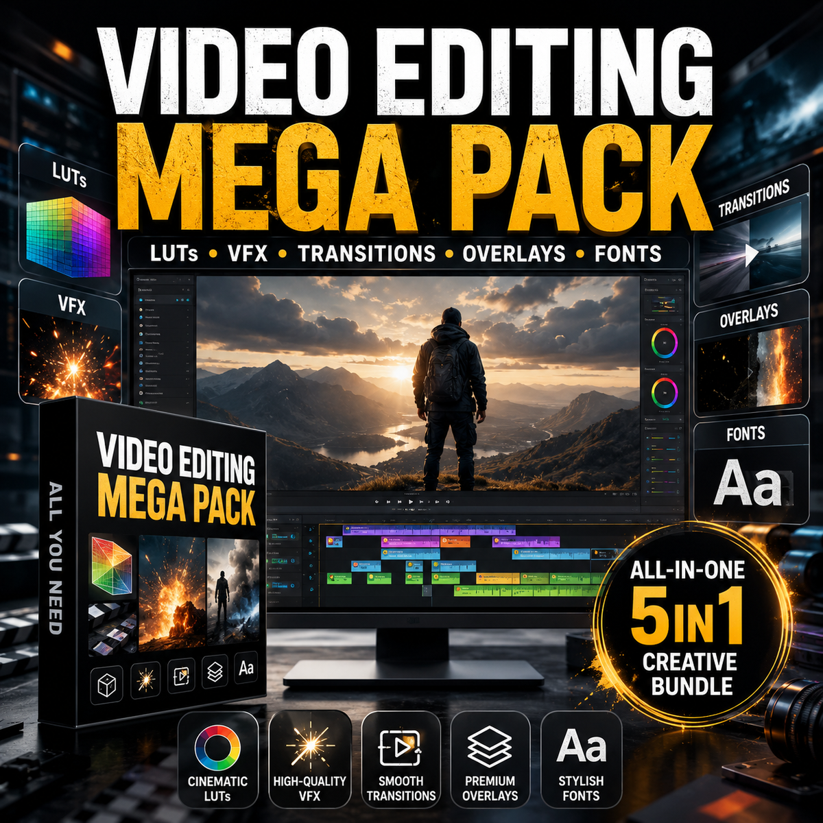 Promotional graphic for a 'VIDEO EDITING MEGA PACK' digital asset bundle, featuring a 3D software box mockup, a desktop monitor displaying a video timeline and scenic preview, and floating feature callouts for LUTs, VFX, transitions, overlays, and fonts.
