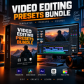 Promotional graphic for a video editing presets bundle, showing a software box cover, a computer with video editing software interface, and editing app logos at the bottom. Large text reads 'VIDEO EDITING PRESETS BUNDLE' with 'Templates • Presets • Course' beneath.