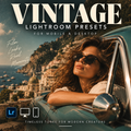 Promotional graphic for 'Vintage Lightroom Presets' showing a woman in sunglasses leaning out of a vintage car with a coastal town in the background. Large text reads 'VINTAGE LIGHTROOM PRESETS FOR MOBILE & DESKTOP' with Lightroom logo and device icons.