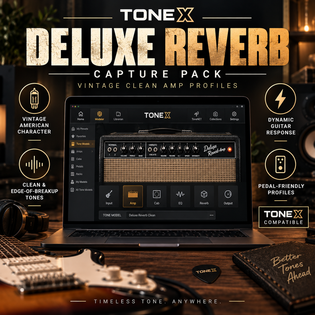 Promotional graphic for Tone X Deluxe Reverb Capture Pack, showing a laptop with the software interface displayed on screen, surrounded by guitars, headphones, and a notebook on a dark wooden surface. Text highlights vintage American character, dynamic guitar response, clean breakout tones, and Tone X compatibility.