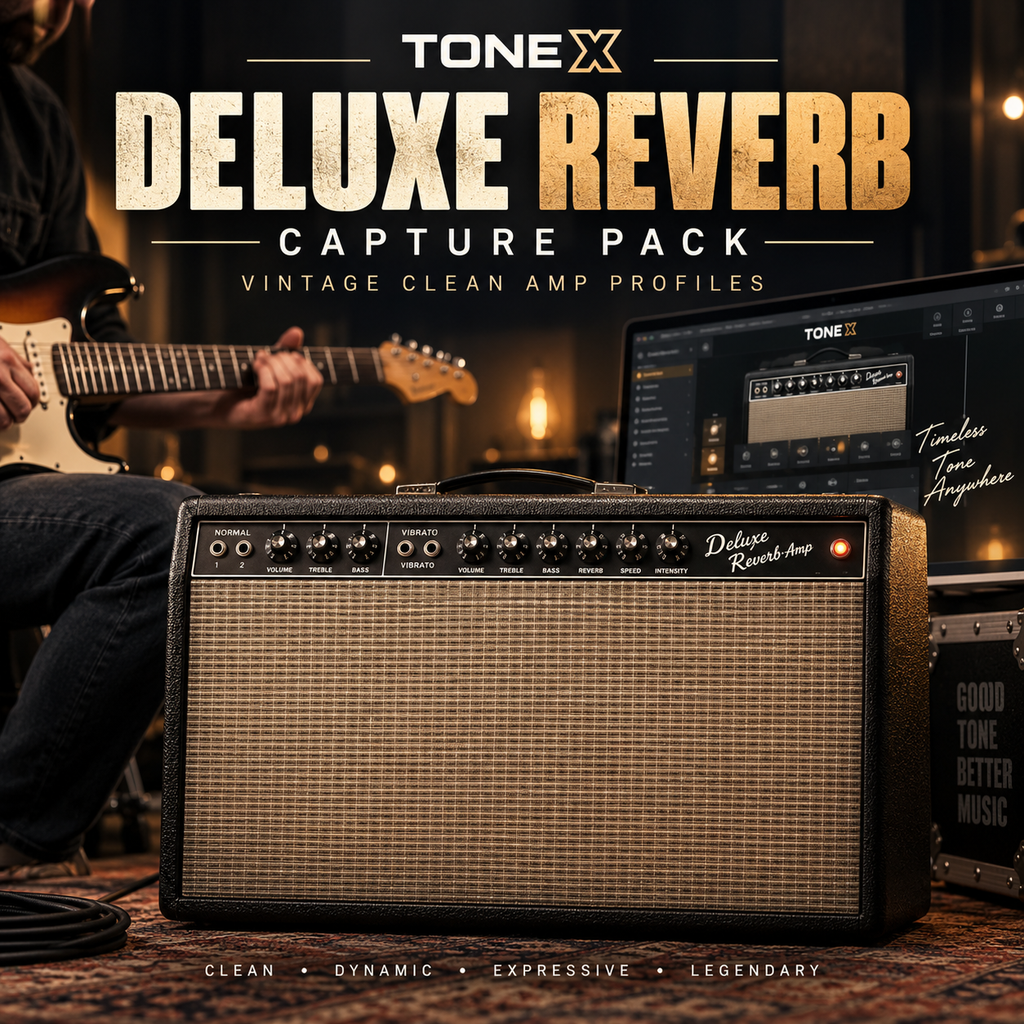 ToneX Deluxe Reverb Capture Pack promotional graphic showing a black guitar amplifier in a warm, dimly lit music room with a guitarist seated behind it and a software interface visible on a monitor. Large text reads 'TONEX DELUXE REVERB CAPTURE PACK' with smaller 'VINTAGE CLEAN AMP PROFILES'.