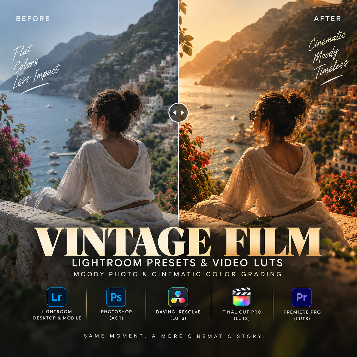 A promotional graphic for a vintage film preset and video LUT pack, showing a woman seated by the sea in a split before/after color grading comparison. Large text reads 'VINTAGE FILM' with smaller text 'Lightroom Presets & Video Luts' and software logos for Lightroom, Photoshop, DaVinci Resolve, Final Cut Pro, and Premiere Pro.