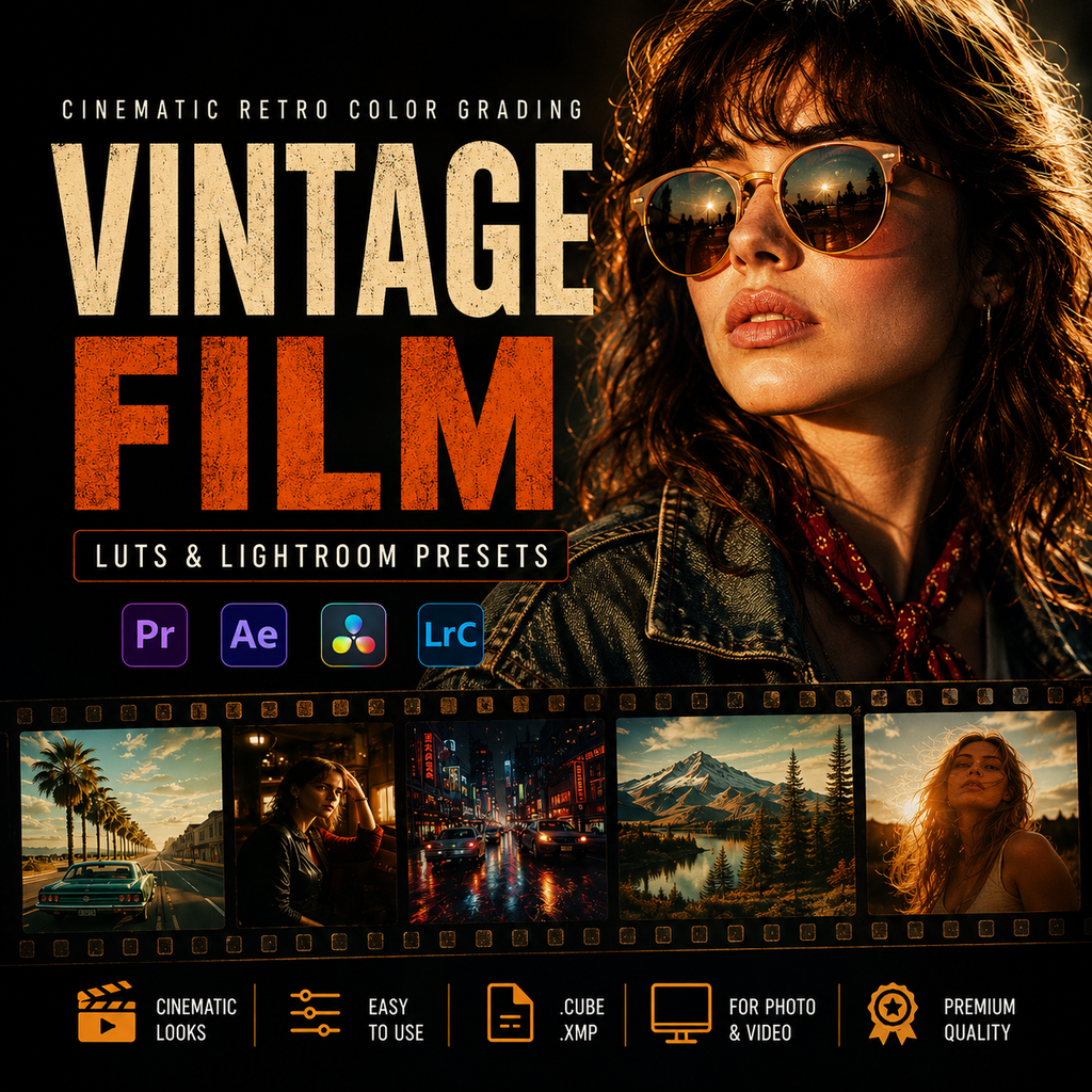Promotional graphic for a vintage film color grading preset pack, featuring a woman in sunglasses on the right, large distressed text reading 'VINTAGE FILM,' software icons for Photoshop, Illustrator, Lightroom, and Premiere, and a strip of example retro-toned photos along the bottom.