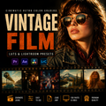 Promotional graphic for a vintage film color grading preset pack, featuring a woman in sunglasses on the right, large distressed text reading 'VINTAGE FILM,' software icons for Photoshop, Illustrator, Lightroom, and Premiere, and a strip of example retro-toned photos along the bottom.