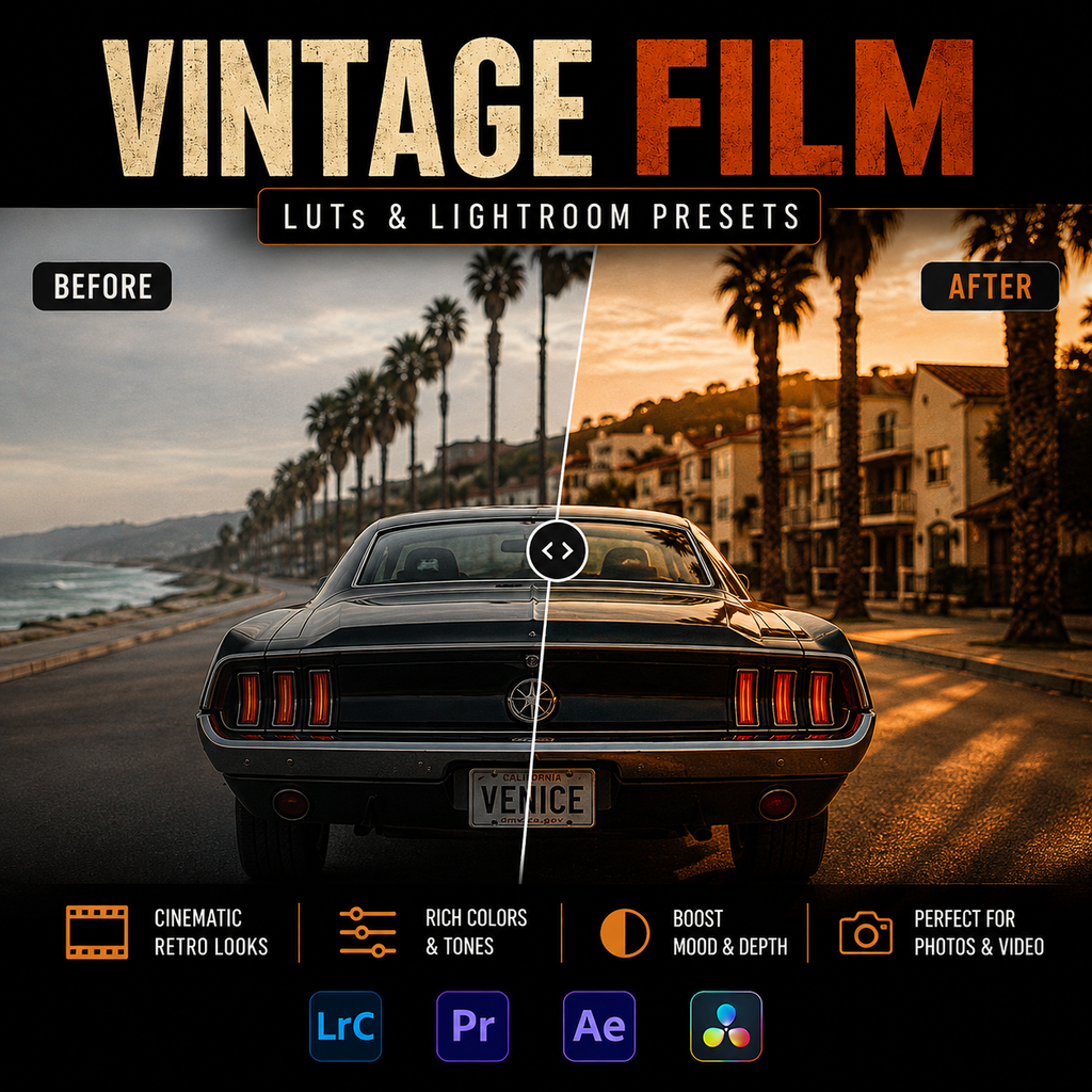 Promotional graphic for a vintage film LUTs and Lightroom presets pack, showing a before-and-after color grading comparison on a black car on a coastal road with palm trees. The top reads 'VINTAGE FILM' and the bottom includes compatibility icons for Lightroom, Premiere Pro, After Effects, and Colorful.