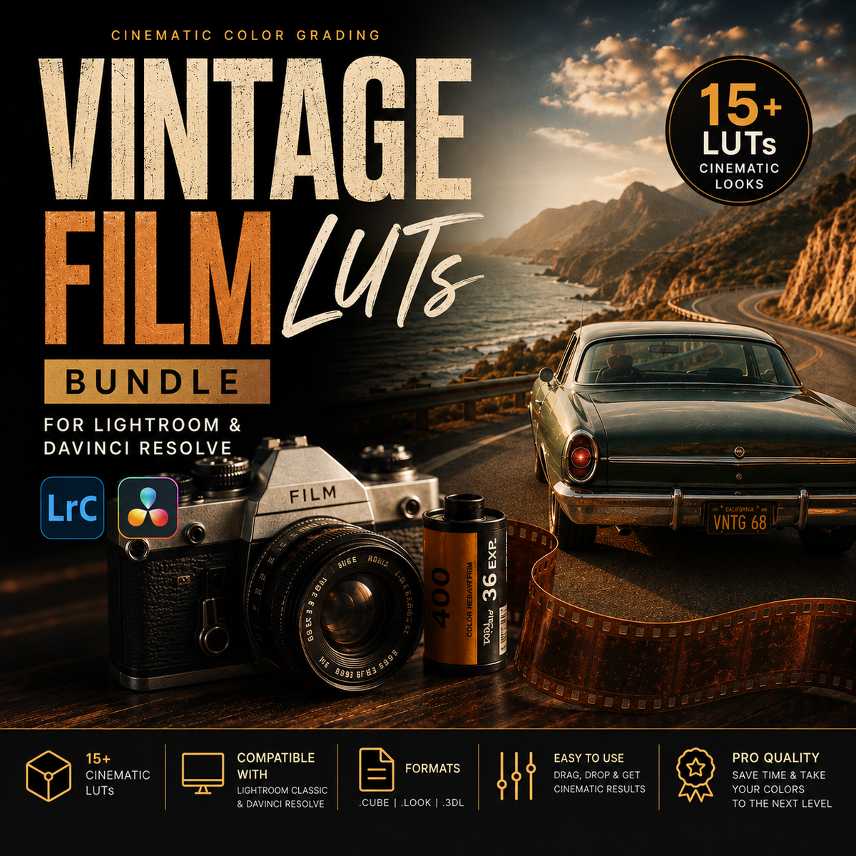 Promotional graphic for a 'Vintage Film LUTs Bundle' for Lightroom and DaVinci Resolve, featuring a retro car, film canister, and camera on a scenic coastal road. Includes text overlays, compatibility badges, and feature icons.