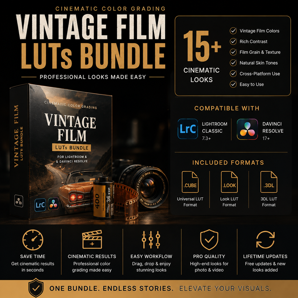 Promotional graphic for a 'Vintage Film LUTs Bundle' digital product, featuring a mockup of a software box, a vintage film camera, and compatibility badges for Lightroom Classic 7.3 and DaVinci Resolve 17+, set against a dark background with film reels.