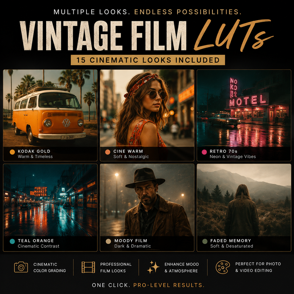 Promotional graphic for a vintage film LUTs preset pack, showing six cinematic color-grading examples with labels: Kodak Gold, Cine Warm, Retro 70s, Teal Orange, Moody Film, and Faded Memory. Text reads 'Multiple looks.
