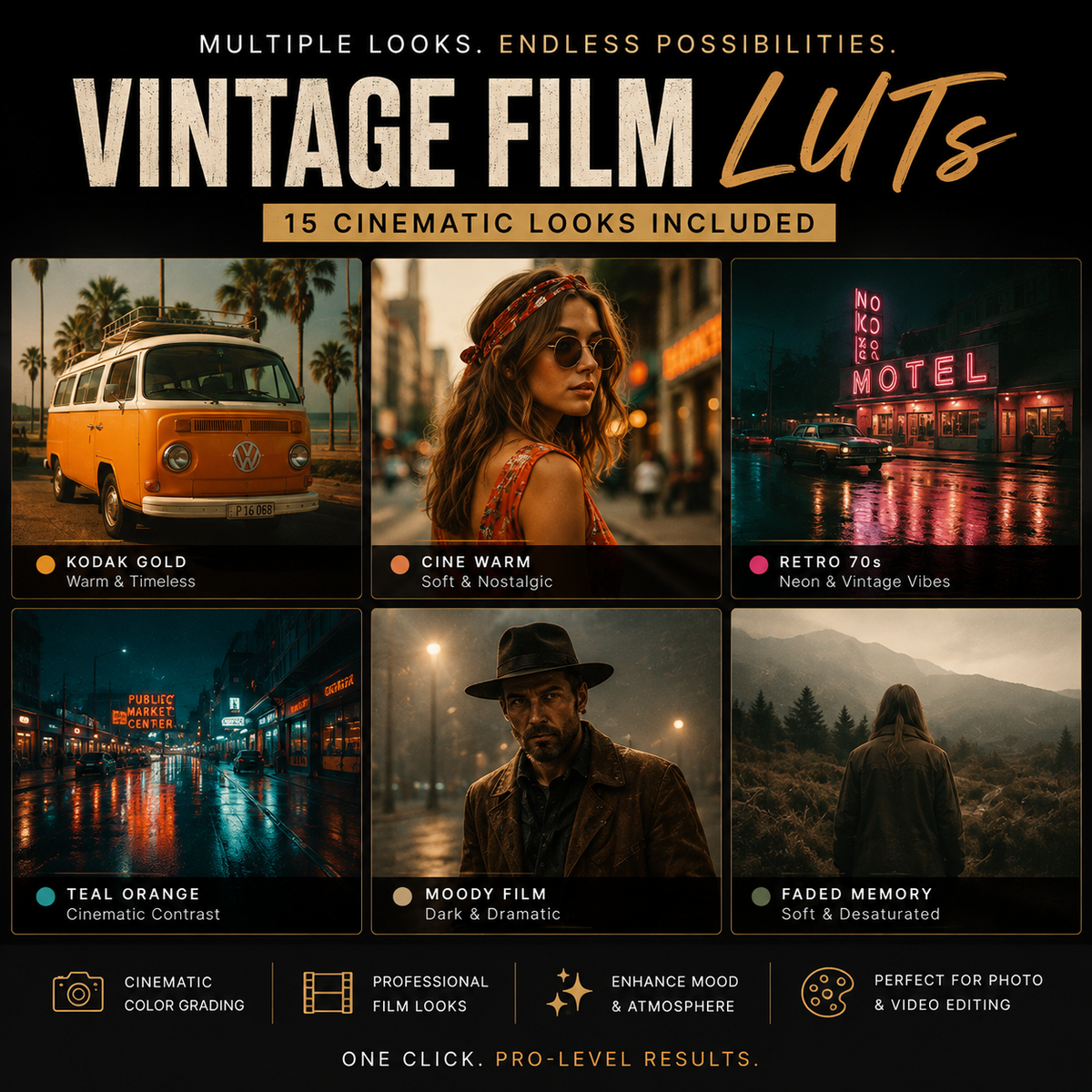 Promotional graphic for a vintage film LUTs preset pack, showing six cinematic color-grading examples with labels: Kodak Gold, Cine Warm, Retro 70s, Teal Orange, Moody Film, and Faded Memory. Text reads 'Multiple looks.