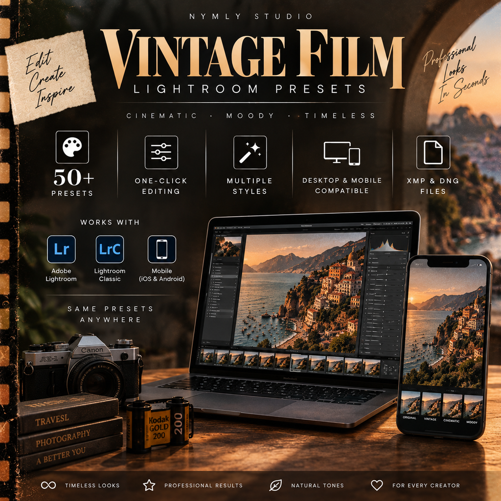 Promotional graphic for 'Vintage Film Lightroom Presets' by Nymly Studio, showing a laptop and phone displaying a retro-film-scene photo, with a vintage camera and film reels on a wooden desk. Text highlights features like 50+ presets, one-click editing, multiple styles, and compatibility with Adobe Lightroom, Lightroom Classic, and Mobile.