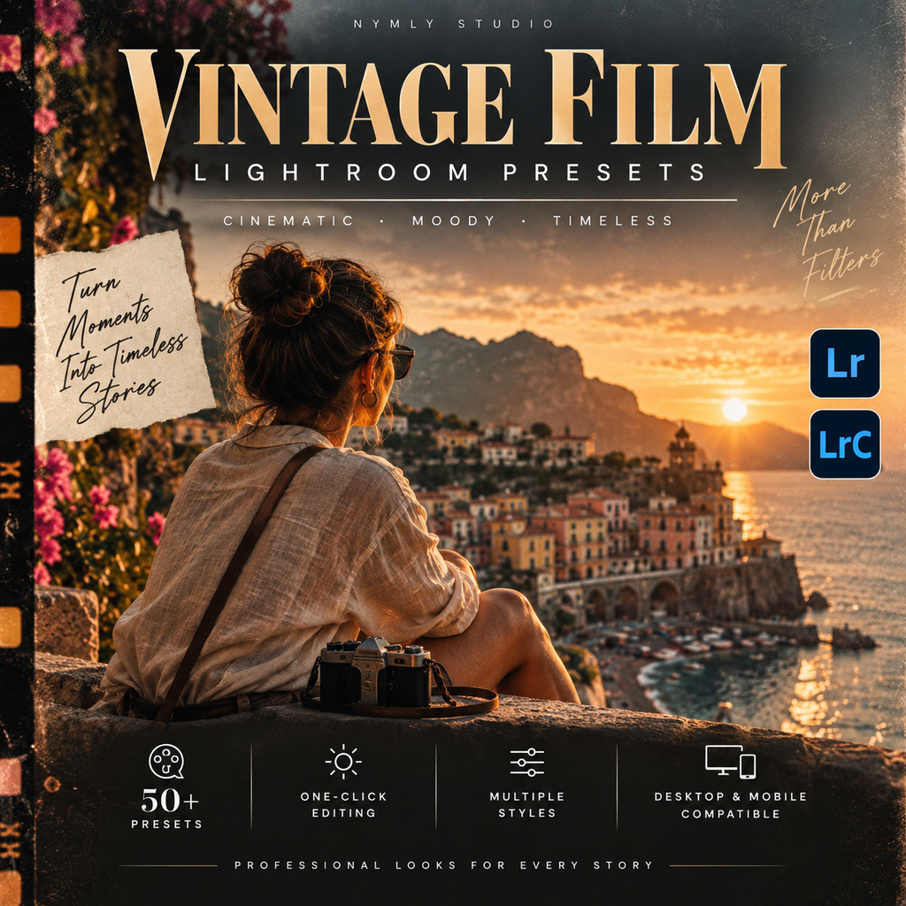 Promotional graphic for 'Vintage Film Lightroom Presets' by Nymly Studio, showing a woman sitting by the sea at sunset with a vintage camera. Large text reads 'Vintage Film Lightroom Presets' with 'Lr' and 'LrC' app icons, plus feature callouts for cinematic editing, multiple styles, and compatibility.