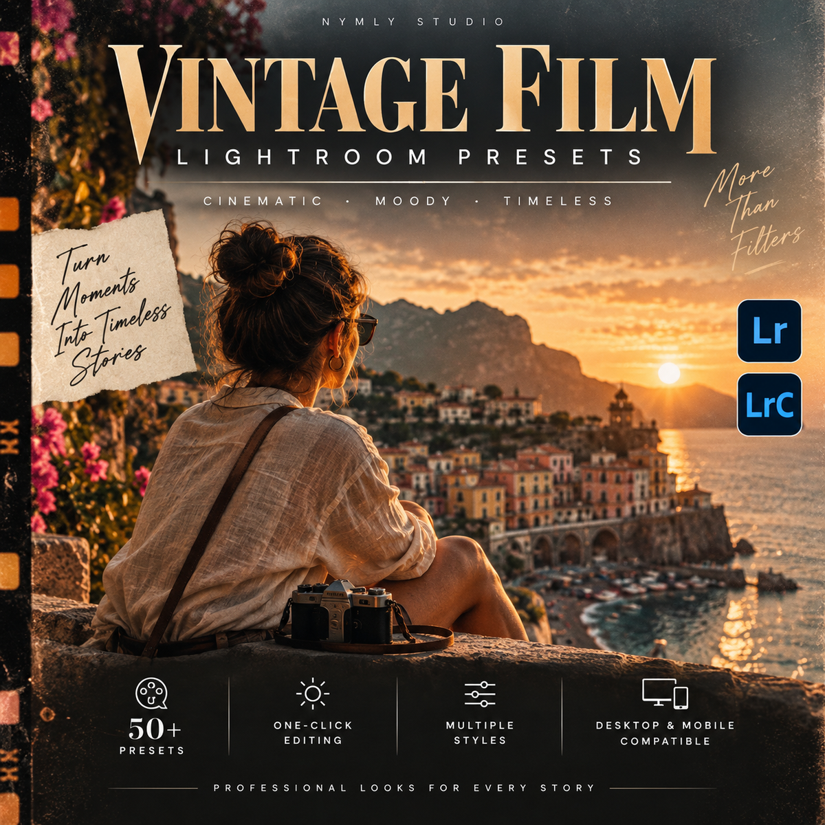 Promotional graphic for 'Vintage Film Lightroom Presets' by Nymly Studio, showing a woman sitting by the sea at sunset with a vintage camera. Large text reads 'Vintage Film Lightroom Presets' with 'Lr' and 'LrC' app icons, plus feature callouts for cinematic editing, multiple styles, and compatibility.