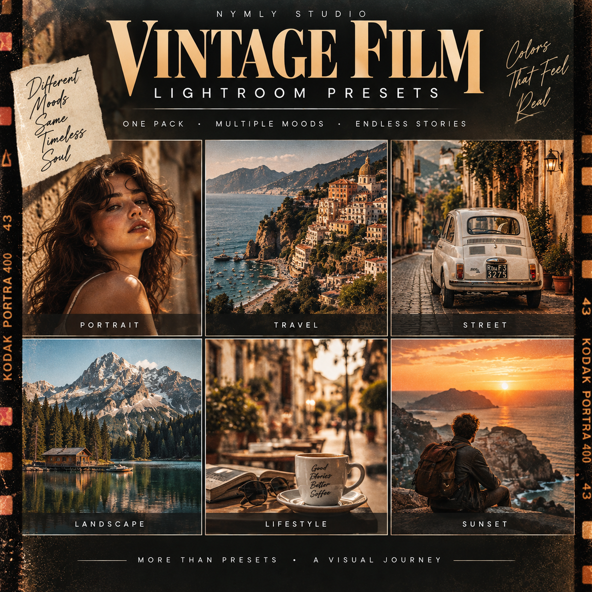 Promotional graphic for 'Vintage Film Lightroom Presets' by Nymly Studio, featuring a collage of six warm-toned lifestyle and travel photographs framed by a vintage film strip border. The photos depict a woman's portrait, a coastal town, a retro car on a street, a mountain lake, a coffee cup in a cafe, and a sunset by the sea.