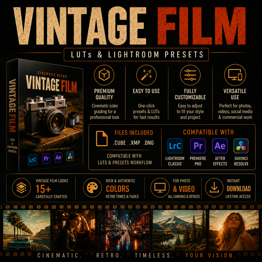 Promotional graphic for a vintage film LUT and Lightroom preset pack, featuring large 'VINTAGE FILM' title text, a software box mockup, compatibility icons for Lightroom, Premiere Pro, After Effects, and Davinci Resolve, and several example photo strips at the bottom.