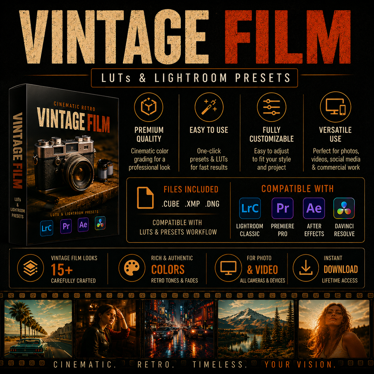 Promotional graphic for a vintage film LUT and Lightroom preset pack, featuring large 'VINTAGE FILM' title text, a software box mockup, compatibility icons for Lightroom, Premiere Pro, After Effects, and Davinci Resolve, and several example photo strips at the bottom.