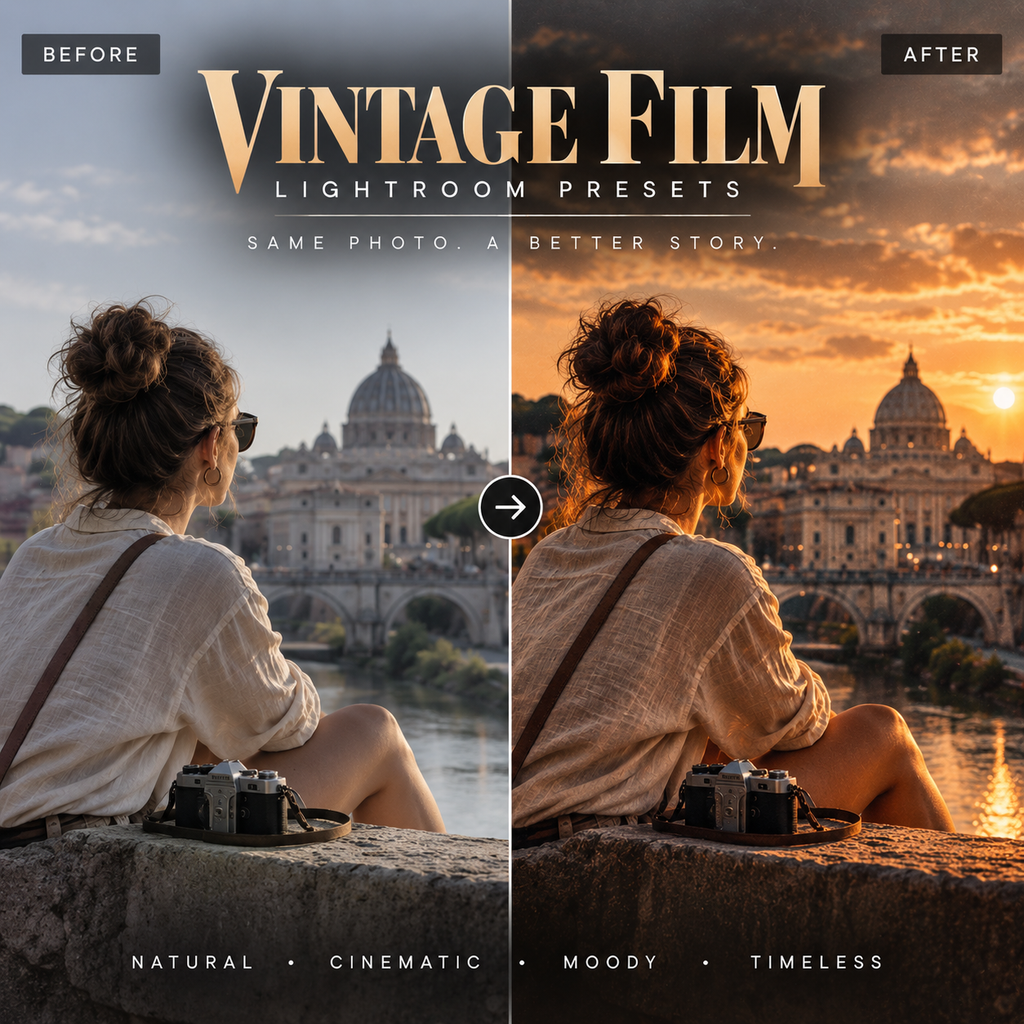 A split-screen comparison graphic for Lightroom presets showing a woman sitting by a river with a domed cathedral in the background, labeled 'Before' on the left and 'After' on the right under the title 'Vintage Film Lightroom Presets.' This is not a physical product photo, not packaging, and not an instruction/measurement/color auxiliary image; it is a digital preview, so subject_type is Other.