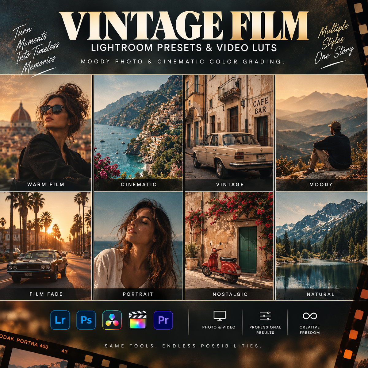 Promotional graphic for 'Vintage Film Lightroom Presets & Video Luts' showing a grid of six cinematic photo examples with warm tones, plus app icons for Lightroom and Photoshop and text highlighting photo & video editing benefits.