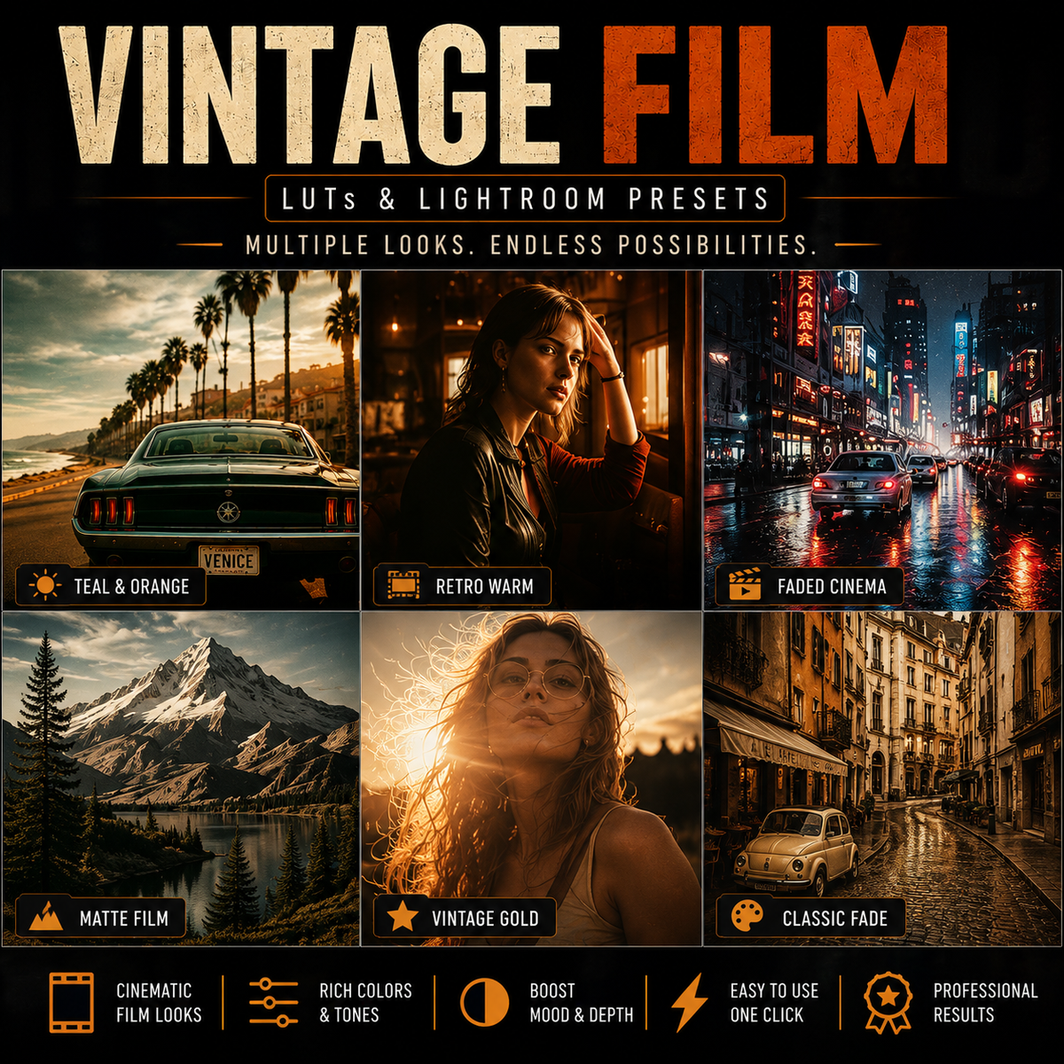 Promotional graphic for a vintage film preset pack, featuring the title 'VINTAGE FILM' at the top and six example photos showing different color grading styles: teal and orange, retro warm, faded cinema, matte film, vintage gold, and classic fade. Text at the bottom lists benefits like cinematic looks, rich colors, mood and depth, and professional results.