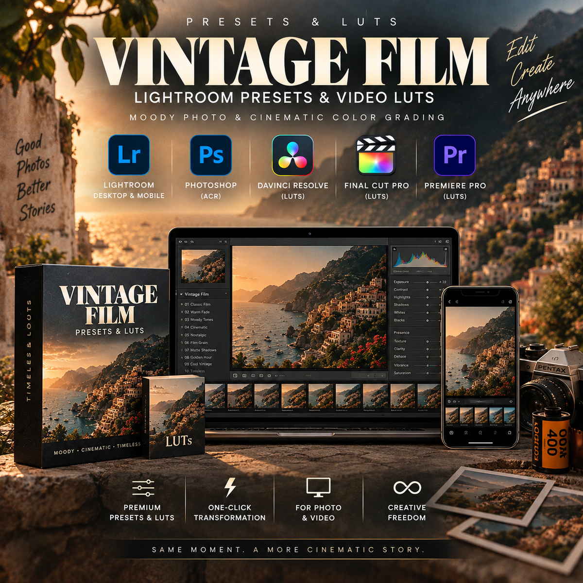 Promotional graphic for a digital preset and LUT pack titled 'Vintage Film'. The image shows a boxed product, a laptop, a phone, and a camera on a stone surface with a scenic landscape in the artwork.