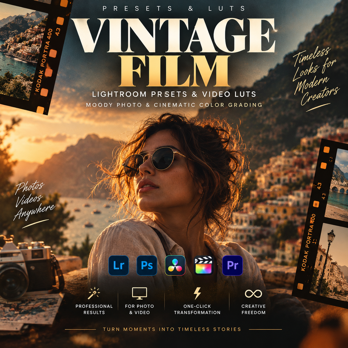 Promotional graphic for a vintage film photo editing preset and LUT pack, featuring a woman in sunglasses on a coastal hillside at sunset, film strip borders, software icons for Lightroom, Photoshop, Premiere, and After Effects, and large text reading 'Vintage Film' and 'Presets & Luts'.