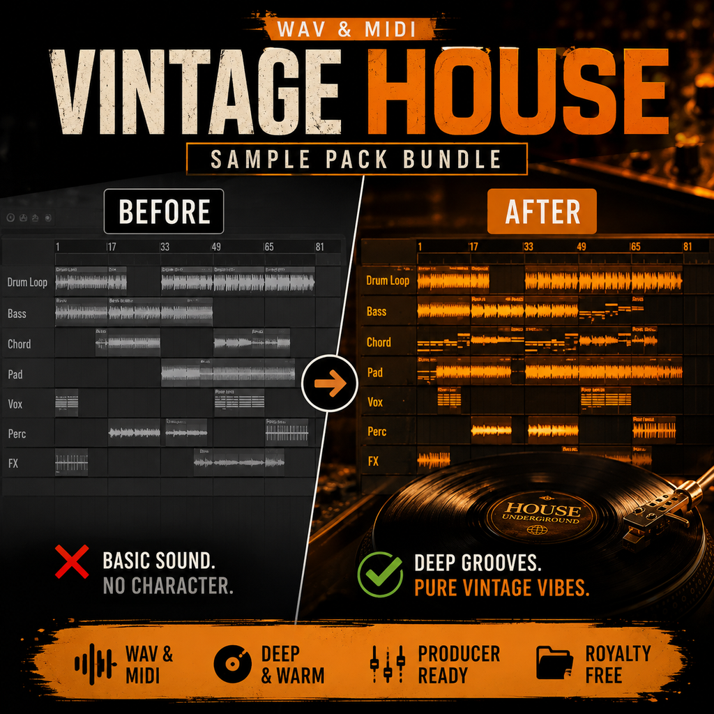 Promotional graphic for a WAV & MIDI sample pack bundle titled 'Vintage House Sample Pack Bundle.' The design shows a before/after audio editing comparison with waveform panels, orange accent boxes, and a vinyl record graphic on a dark background.