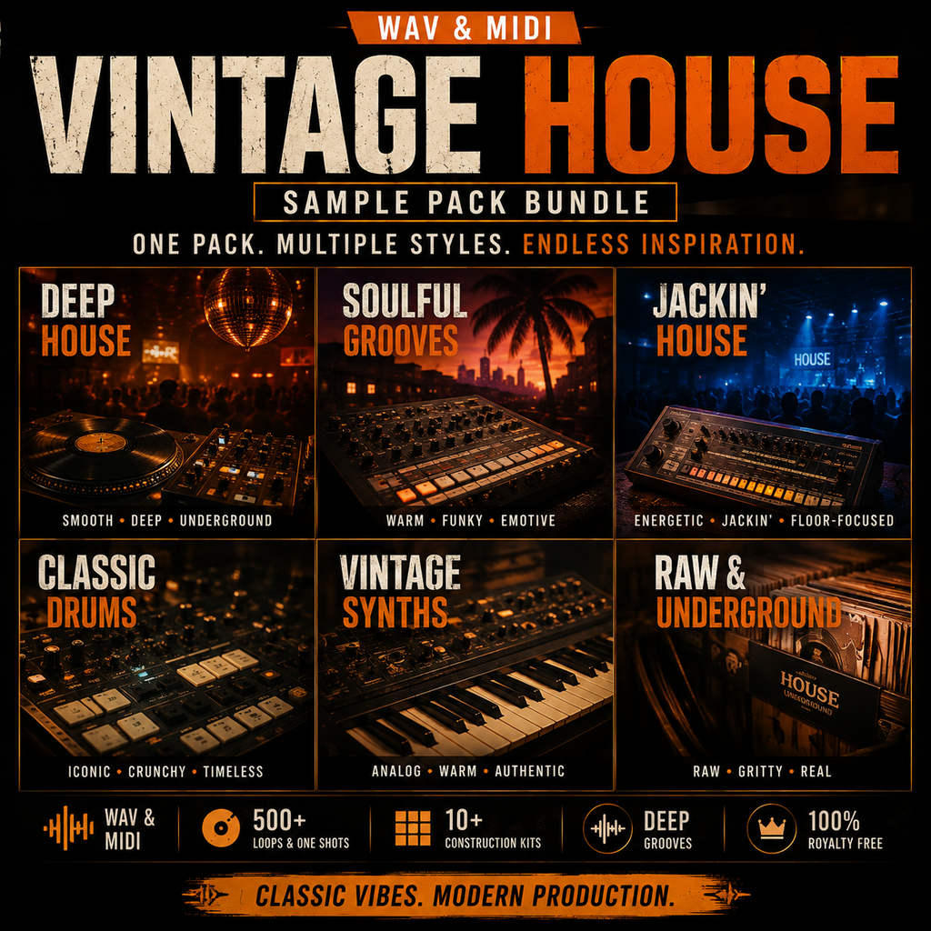 Promotional graphic for a 'Vintage House' sample pack bundle, featuring six distinct audio categories: Deep House, Soulful Grooves, Jackin' House, Classic Drums, Vintage Synths, and Raw & Underground. The design uses a dark, gritty aesthetic with orange and white text on a black background.