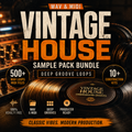 Promotional cover art for a digital sample pack bundle titled 'Vintage House Sample Pack Bundle' with large distressed white and orange text over a dark, moody background featuring vinyl records and audio equipment. Callout badges mention 500+ WAV loops and MIDI files, 10+ construction kits, and '100% royalty free' and 'Wav & Midi'.