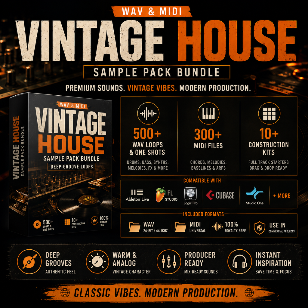 Promotional graphic for the WAV & MIDI Vintage House Sample Pack Bundle, featuring a large product box cover, feature callouts for 500+ way loops, 300+ MIDI files, and 10+ construction kits, compatibility with Ableton Live, FL Studio, Cubase, and Studio One, and format icons for WAV, MIDI, and AIFF.